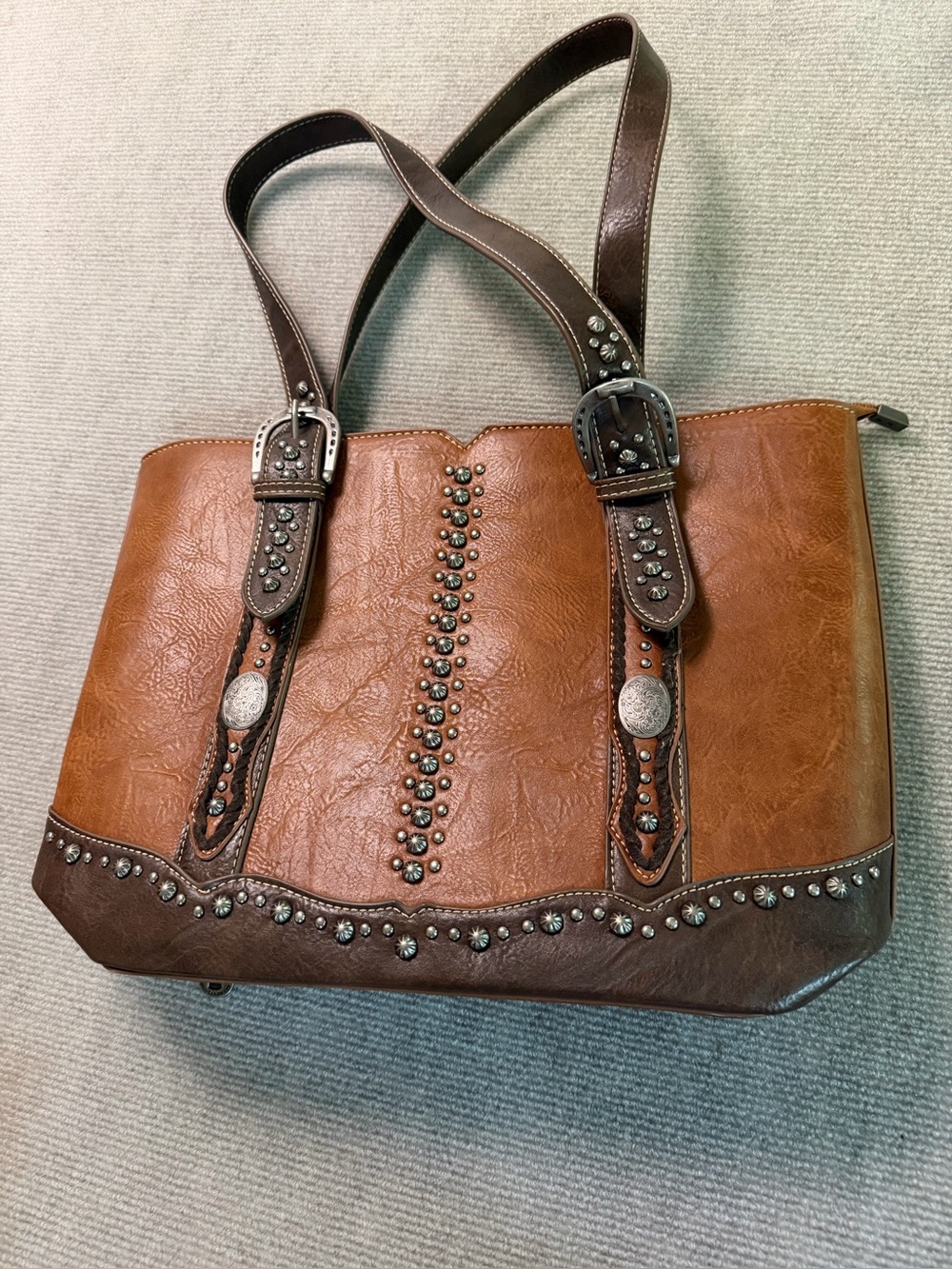 Montana West Western Studded Tote Bag Brown Faux Leather Buckle Shoulder Purse